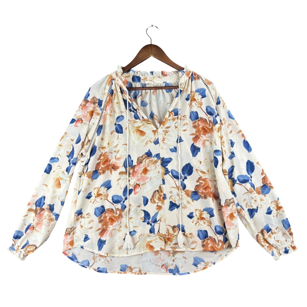 Entro Womens Floral Boho Blouse Blue Orange Long Sleeve Tassel Top Medium Casual
